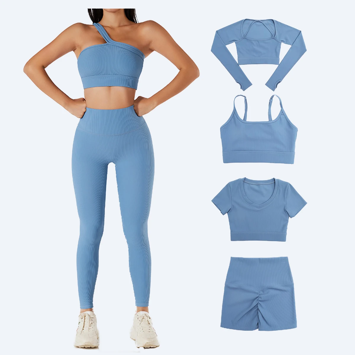 2022 Ribbed Gym Clothing 6 PCS Fitness Scrunch Butt Shorts Workout Leggings Long Sleeve Crop Tops Sports Bra Yoga Sets For Women
2022 Ribbed Gym Clothing 6 PCS Fitness Scrunch Butt Shorts Workout Leggings Long Sleeve Crop Tops Sports Bra Yoga Sets For Women