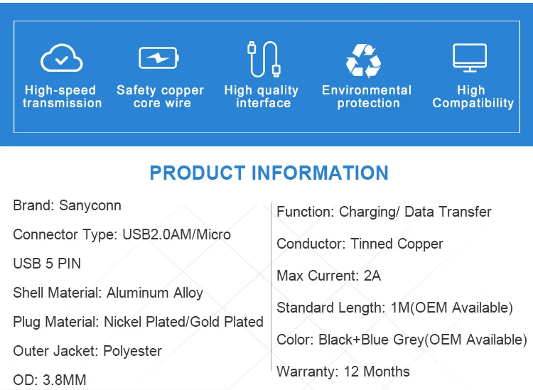 Round 1M 2A Tinned Copper Polyester Braided Mobile Phone Micro B Charger Cable For Android - ANKUX.COM
