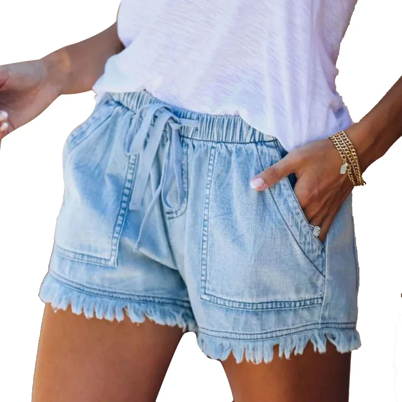 Women casual elastic high waist denim shorts daily life shorts clothing ladies summer, As pictures 
Women casual elastic high waist denim shorts daily life shorts clothing ladies summer, As pictures