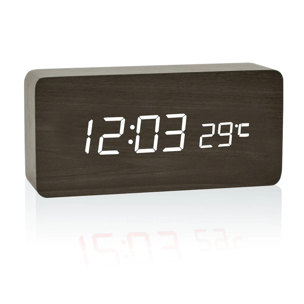 

Custom Personalized Logo Led Digital Calendar Day Rectangle Multifunction Snooze Light Wooden Craft Alarm Clock, Bamboo, brown wood, black,white