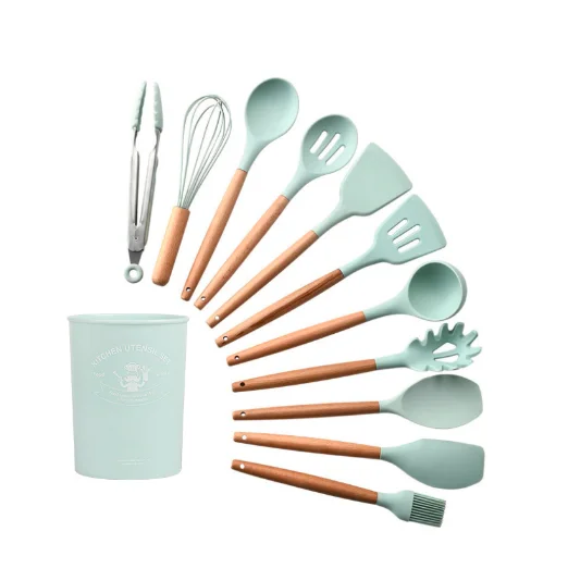 Hot sale multicolor 12-piece kitchen cooking tool soft silicone wooden kitchen utensil set cookware accessory set, Green,red,black,pink,light green
Hot sale multicolor 12-piece kitchen cooking tool soft silicone wooden kitchen utensil set cookware accessory set, Green,red,black,pink,light green