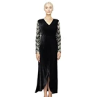 Black pleated fabric sequin autumn winter women mermaid long velvet dress