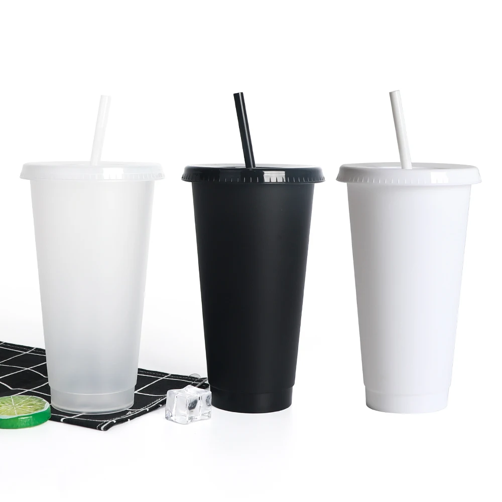 

Plastic Tumbler Coffee Black Reusable 24OZ Frosted Drink Cold Cups With Lids And Straw