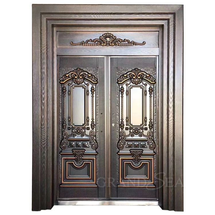 Typical palace style cheap and fine villa security steel double swing doors