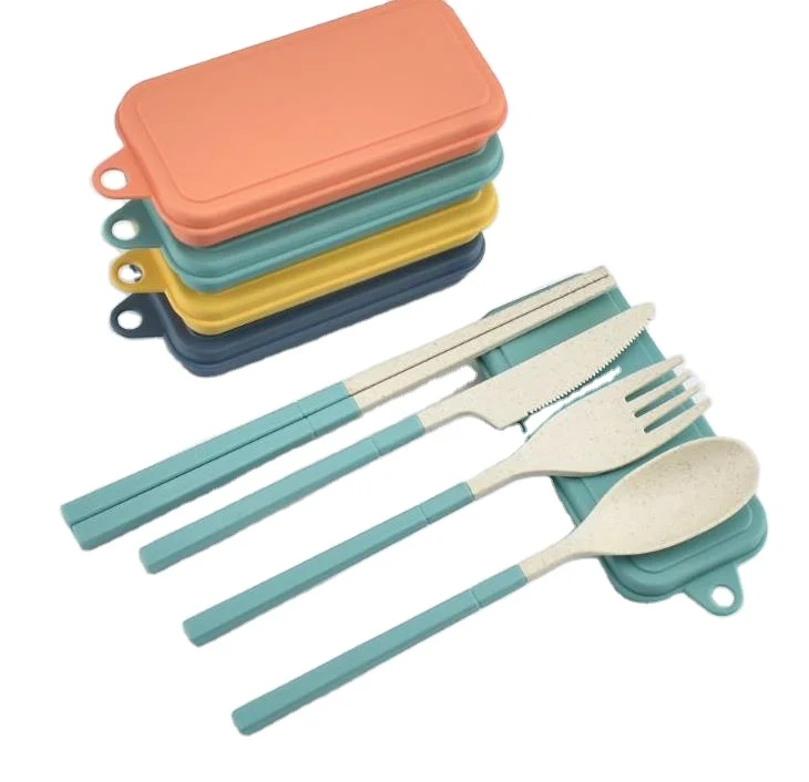 

Wheat Straw Folding Cutlery Set Collapsible Portable Reusable Knife Fork Spoon Chopsticks Kits for Student Camping, 8 colors