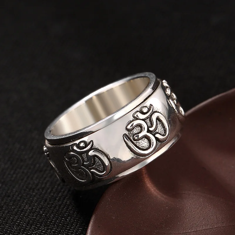 

925 Sterling Silver Lotus Rings For Men Rotatable Six Words' Mantra Rings Buddhist Jewelry