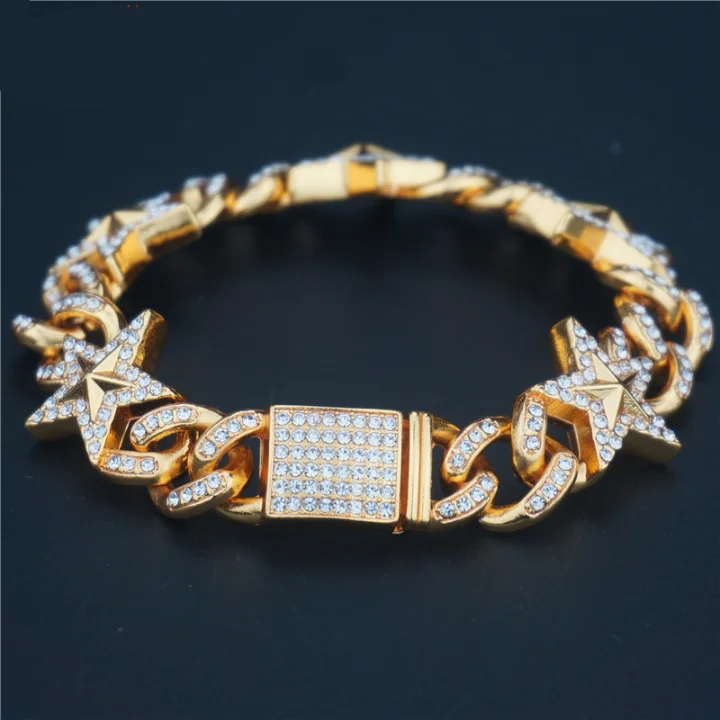

High Quality Gold Silver Plated Jewelry Shiny Fashion Rhinestone Bracelets Hip Hop Five-Pointed Star Cuban Chain Bracelet