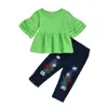 2019 New trend kids clothing set red top embroidery flowers denim jean pants children suit kids girls clothing set