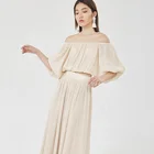 Fashion Casual Women Clothing Suit Off Shoulder Pleated Top Shirt and Long Skirt