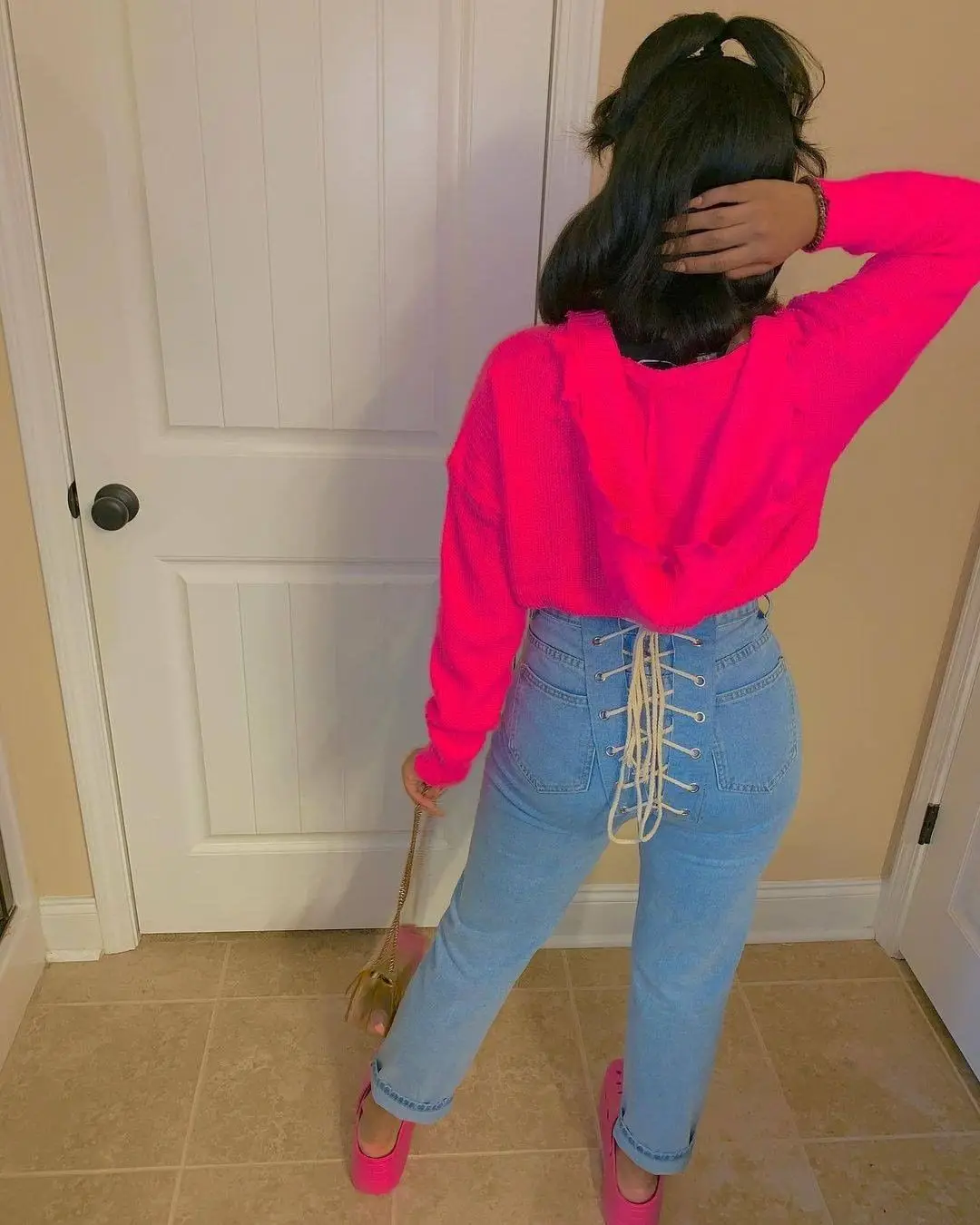Wholesale lace up pants back string jeans trousers women high waist boyfriends denim jeans femme, Two colors
Wholesale lace up pants back string jeans trousers women high waist boyfriends denim jeans femme, Two colors