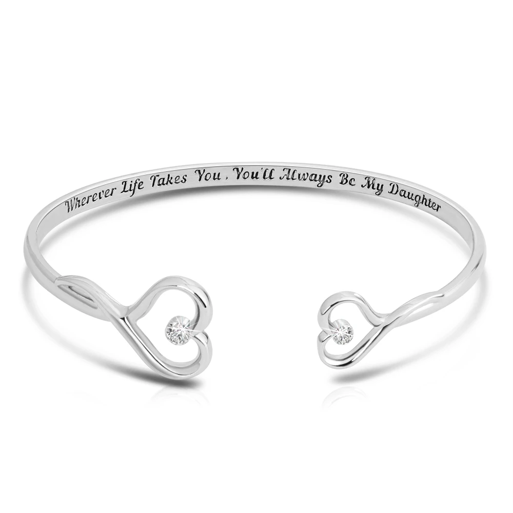 Adjustable Crystal Double Heart Bowknot Cuff Engraved You'll Always Be My Daughter Bracelet Bangle For Women Jewelry Gift
Adjustable Crystal Double Heart Bowknot Cuff Engraved You'll Always Be My Daughter Bracelet Bangle For Women Jewelry Gift
