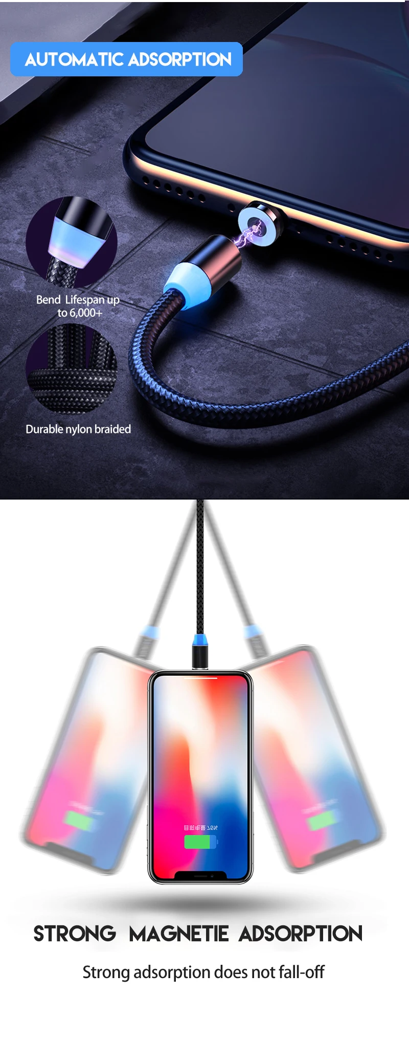 Celular Iman 3 en 1 2.4A Fast Charging Micro Type C USB Magnetic Cargador Cable for iPhone - ANKUX.COM