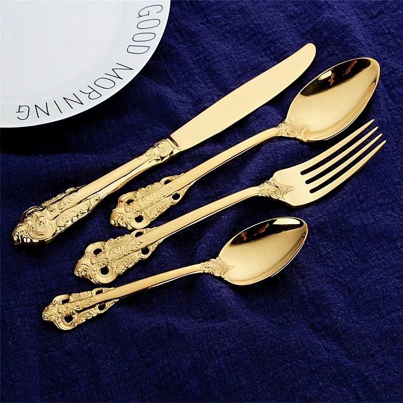 Stainless Steel Flatware Set Vintage Royal decoration Tableware Spoon Fork and Knife Set vintage gold cutlery, Natural color
Stainless Steel Flatware Set Vintage Royal decoration Tableware Spoon Fork and Knife Set vintage gold cutlery, Natural color