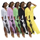 A075360 newest hot v neck long sleeve button down slit white color ladies fashion maxi shirt dress