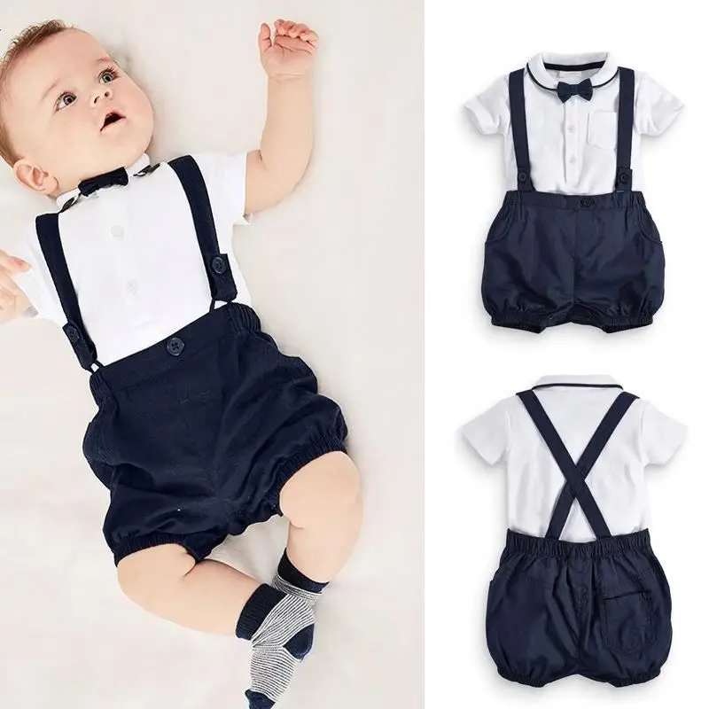 

Toddler Infant Baby Boy Gentleman Outfits Short Sleeve T-Shirt+Bib Pants+Bow Tie 3Pcs Boys Clothing Set Formal Suits, As picture