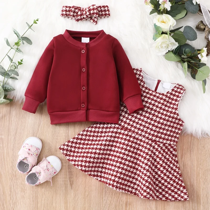 3 PCS Sets Baby Girl Clothes Winter Houndstooth Print Baby Girl Dress+coats+headband Party Wedding Birthday Princess Dress 0-3Y
3 PCS Sets Baby Girl Clothes Winter Houndstooth Print Baby Girl Dress+coats+headband Party Wedding Birthday Princess Dress 0-3Y