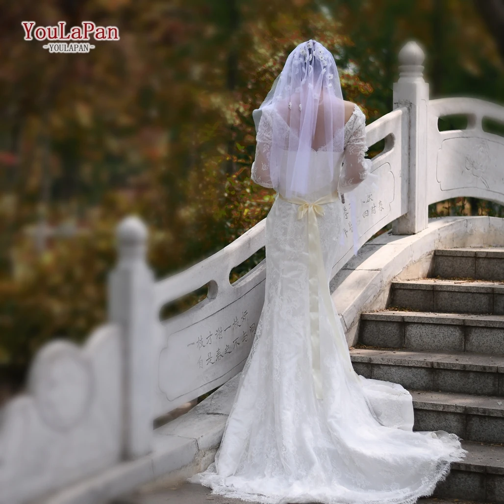 

YouLaPan V46 Handmade Bridal Veils with White Flower , One Layer Wedding Veil for Bride, White/ivory