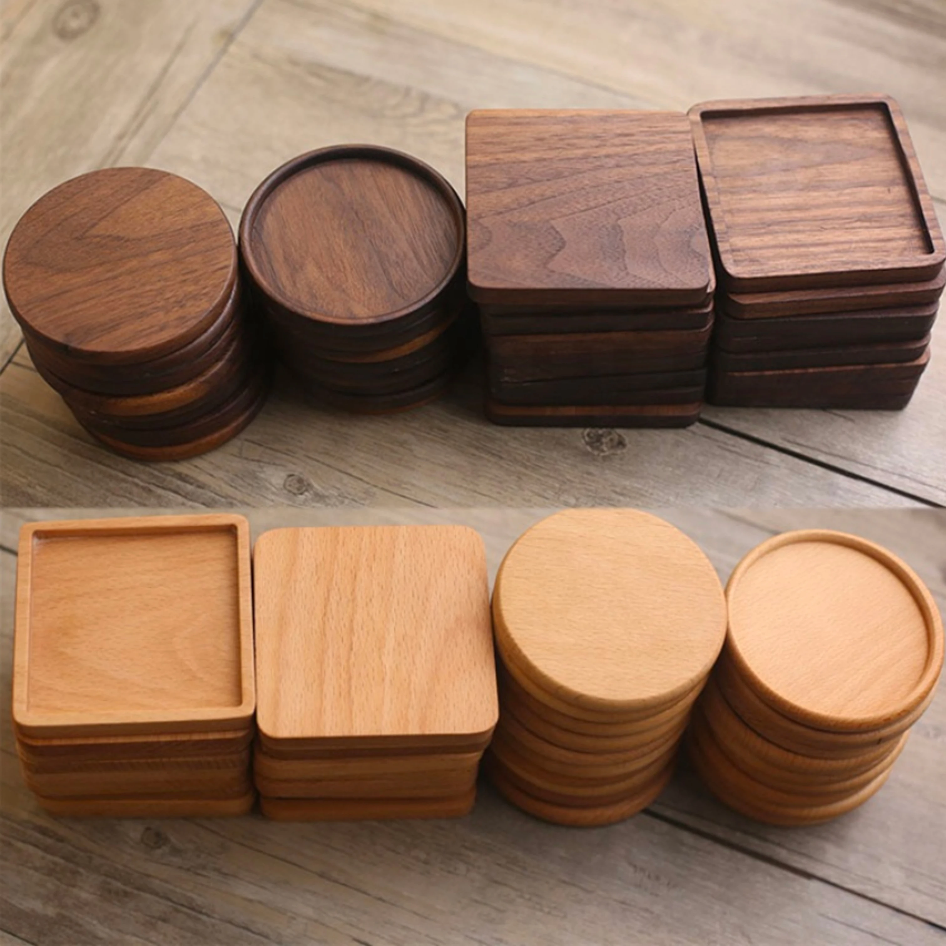 

Custom Round Square Blank Bamboo Walnut Wooden Drink Tea Coffee Cup Coaster Set