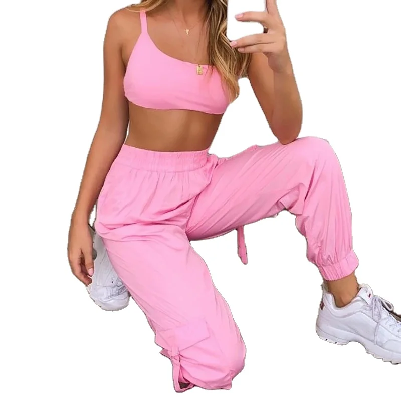 

Women Tracksuits 2 Piece Set Neon Pink Cropped Top Loose Pants Fashion Female Summer Casual Lace Up Halter Tank Trousers Suit