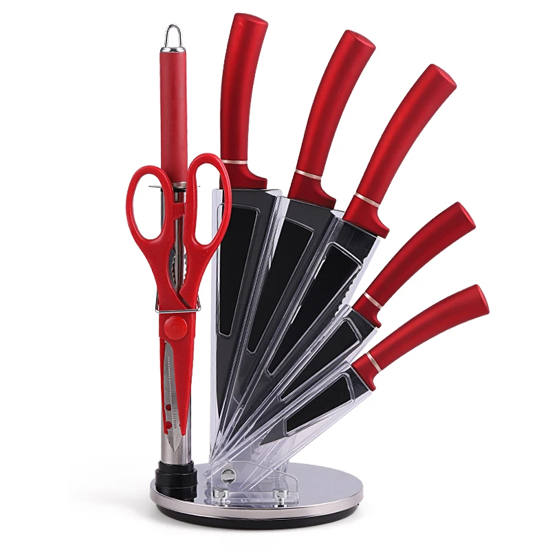 Justa Stainless Steel Kitchen Knife Set 8PCS Red Non-Stick Coating Knife Sets With Acrylic Stand For Home
Justa Stainless Steel Kitchen Knife Set 8PCS Red Non-Stick Coating Knife Sets With Acrylic Stand For Home