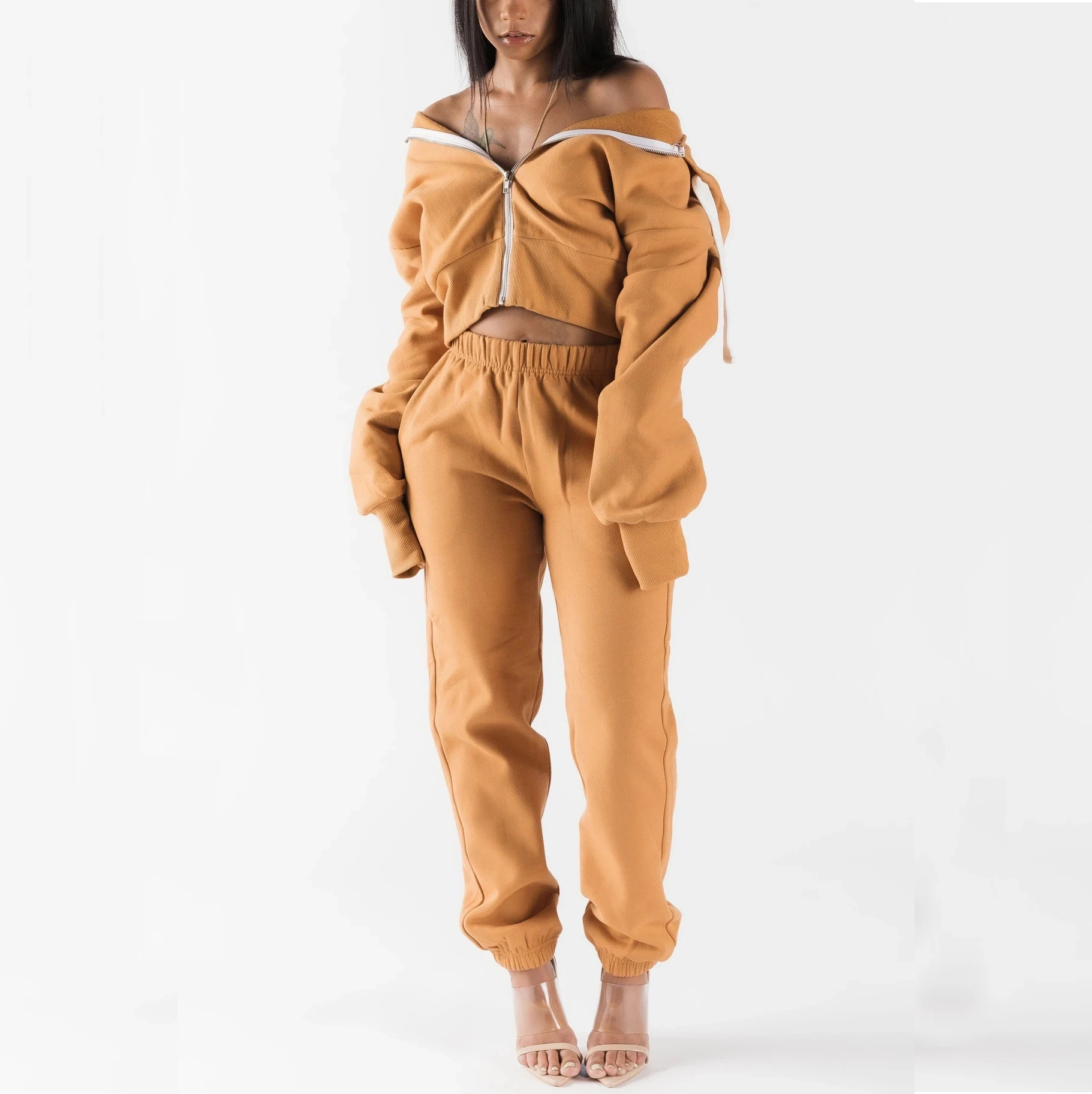 

50% OFF 2021 French Terry Sweatsuit, Zip Up Hoodie and Pants 2 piece Set Women Oversized Cotton Sweat suits, Custom color