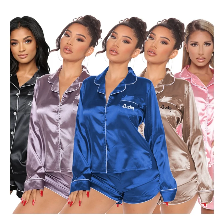 2021 Spring Summer Long Sleeve Satin Silk Pajamas Shorts Set For Women, Golden gray,black,pink,purple,blue
2021 Spring Summer Long Sleeve Satin Silk Pajamas Shorts Set For Women, Golden gray,black,pink,purple,blue