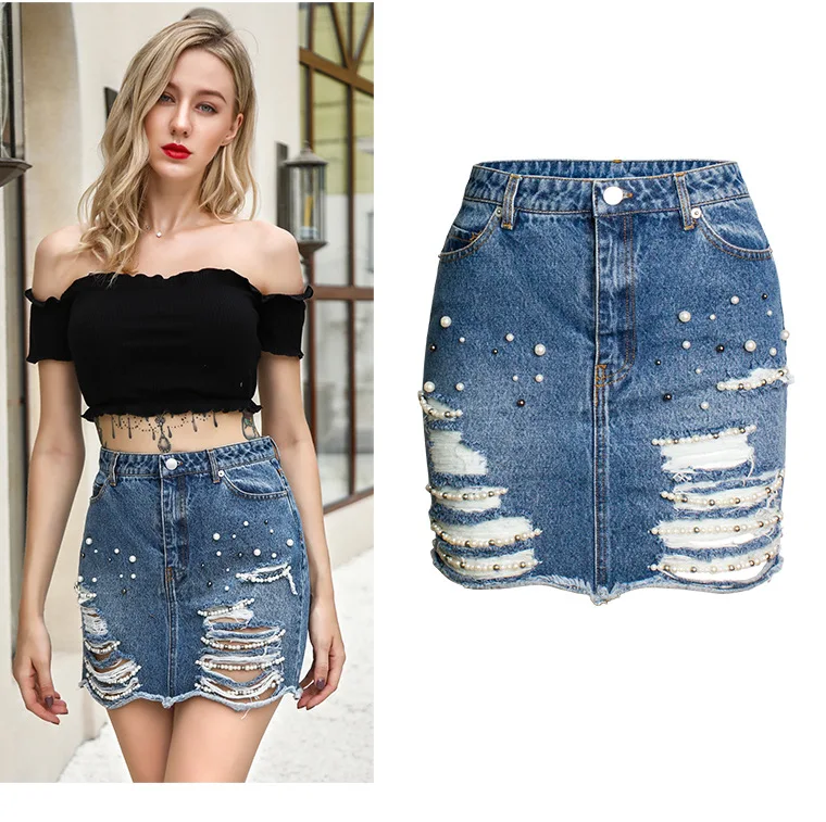 2021 Wholesale New Design Pearl Beading high waist sexy hip-covered skirt ripped denim skirt
2021 Wholesale New Design Pearl Beading high waist sexy hip-covered skirt ripped denim skirt