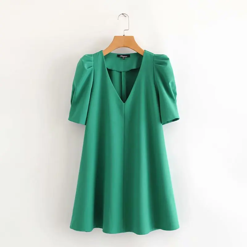 V neck green color puff short sleeve mini dresses women summer fashion casual clothing
V neck green color puff short sleeve mini dresses women summer fashion casual clothing