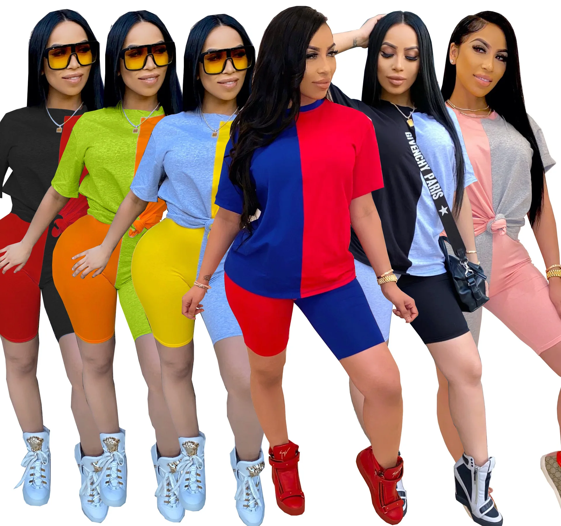 custom logo spandex patchwork color short sleeve tshirt short pants summer shorts set women two piece, As photo showed
custom logo spandex patchwork color short sleeve tshirt short pants summer shorts set women two piece, As photo showed