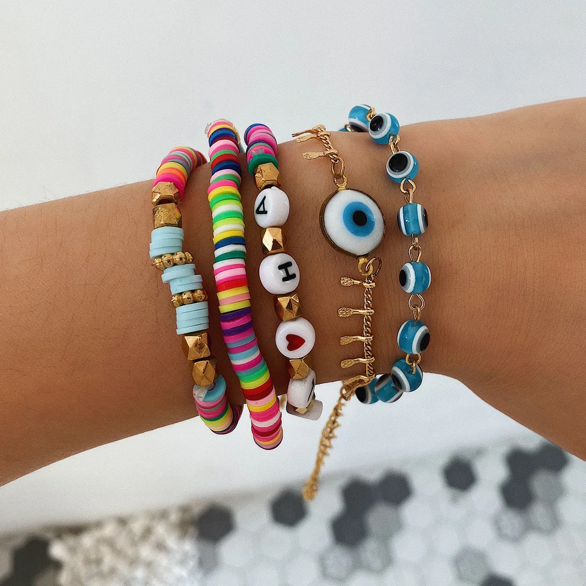 5Pcs Set Ethnic Style Colorful Bracelet Personalized Polymer Clay Beaded Letter Bracelets Acrylic Blue Eyes Bracelet Set, Picture shows
5Pcs Set Ethnic Style Colorful Bracelet Personalized Polymer Clay Beaded Letter Bracelets Acrylic Blue Eyes Bracelet Set, Picture shows