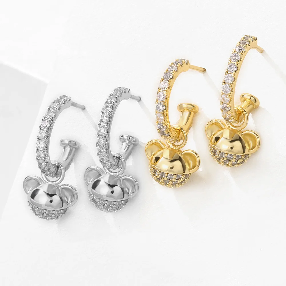 

NUORO Cute 18K Gold Plating Huggie Earring Little Bear Pendant Clear Zircon For Women Girl Gift Brass Dangle Hoop Earring, Gold/silver