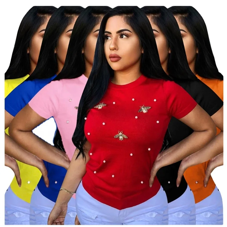2022 Fashionable women summer short sleeve beaded t shirt ladies simple design casual tops, Customized color
2022 Fashionable women summer short sleeve beaded t shirt ladies simple design casual tops, Customized color