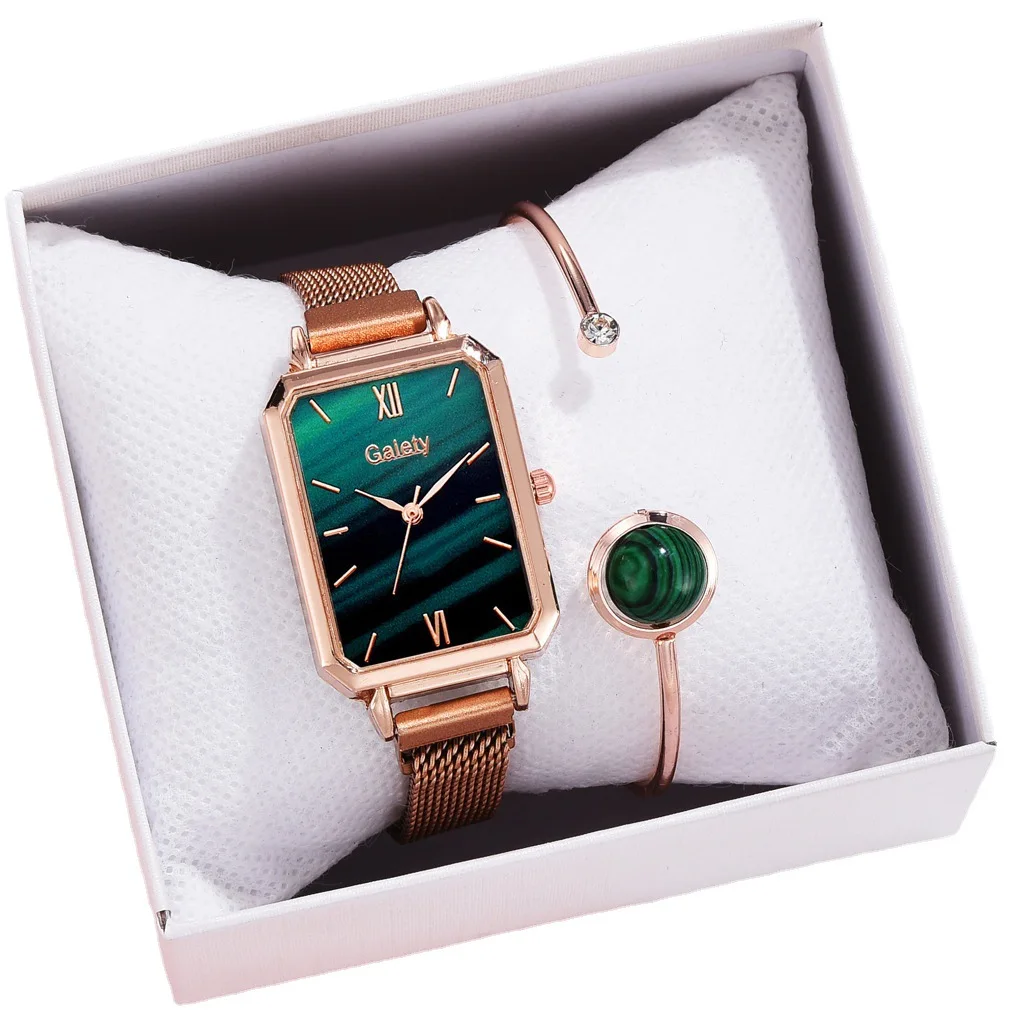 

17KM Women Fashion Square Ladies Quartz Watch Bracelet Set Green Dial Simple Rose Gold Mesh Luxury Women Watches