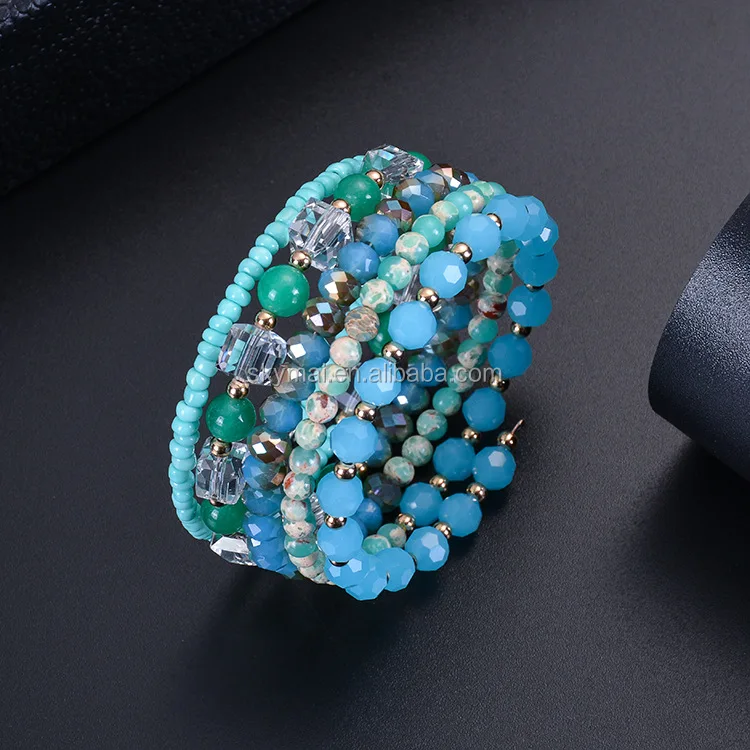 Bohemian Natural square crystal winding bracelet Natural turquoise stone faceted crystal multilayer bracelet