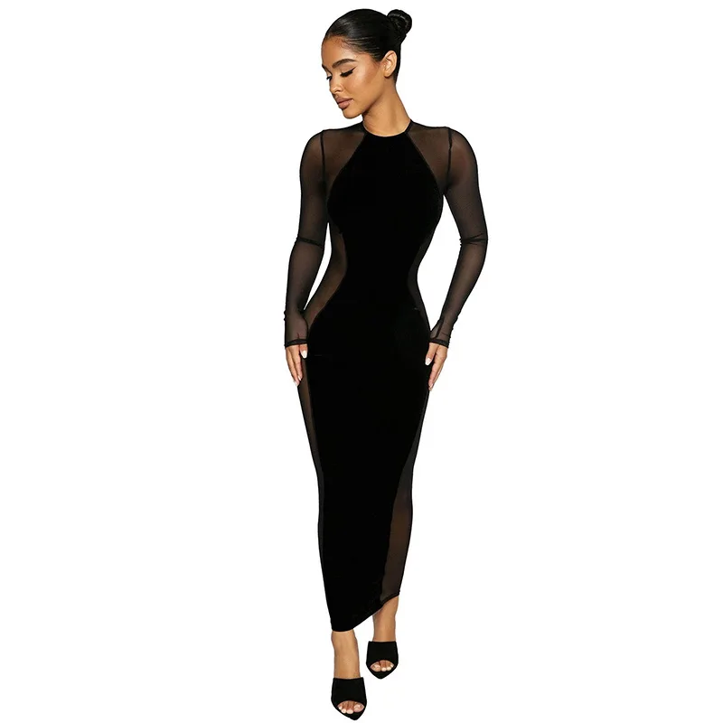 Spring 2022 women clothes fashion long sleeve ankle length contrast panel sexy velvet mesh women dress
Spring 2022 women clothes fashion long sleeve ankle length contrast panel sexy velvet mesh women dress
