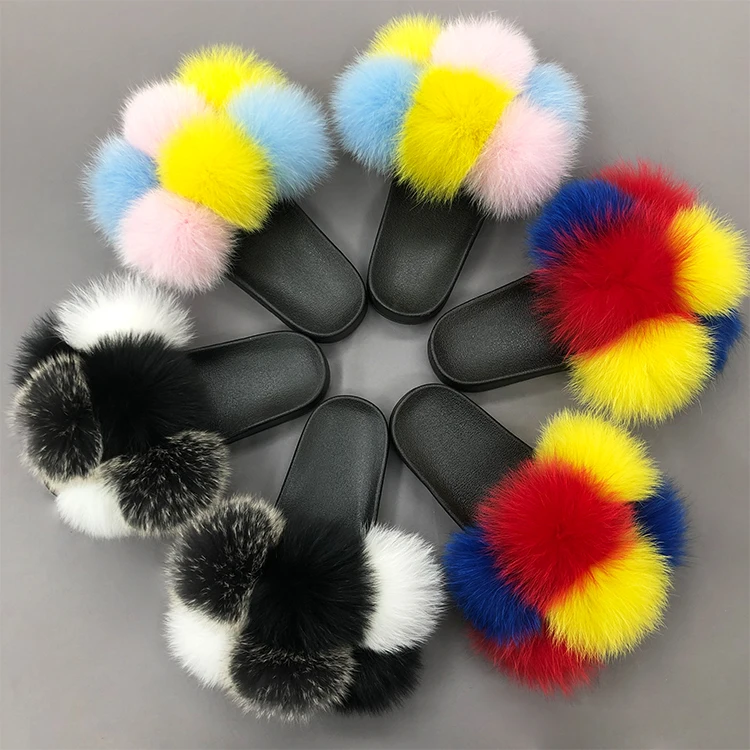 Fashion multicolor big real fur ball pom pom fur slides slippers raccoon fox fur furry slippers, Customized color
Fashion multicolor big real fur ball pom pom fur slides slippers raccoon fox fur furry slippers, Customized color