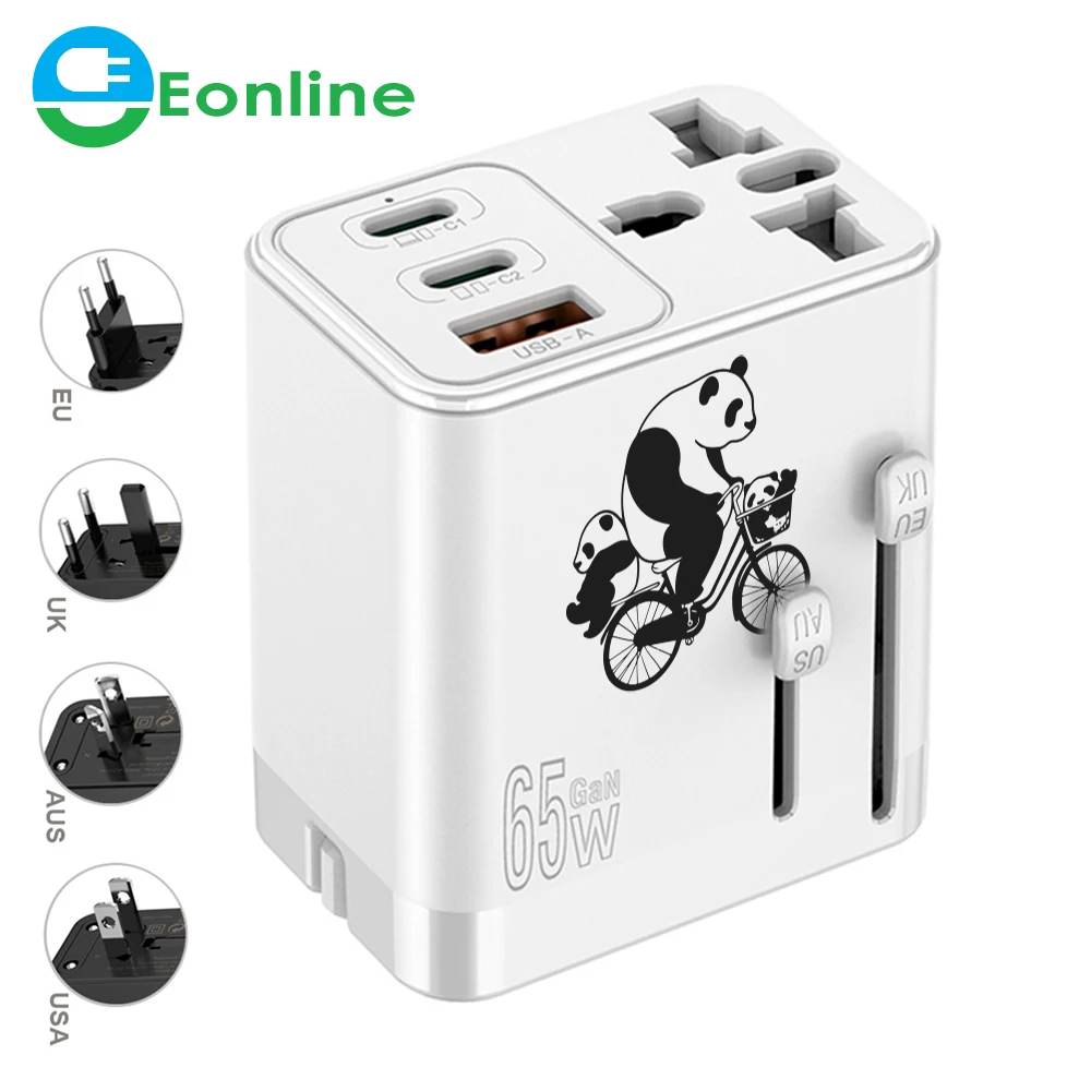 

Eonline 3D 65W GaN Travel Plug Adapter with 2USB-C PD and 1USB-A Worldwide Universal Charger UK EU AU US Converter for Laptops