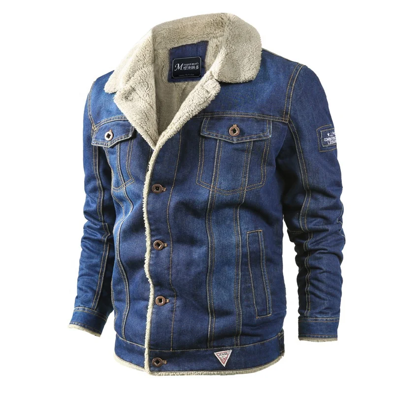 

2021 Hot Selling Winter Mens Plus Velvet Thick Sherpa Lined Motorcycle Jacket Trucker Denim Jean Plus Size Jacket, Dark blue/light blue