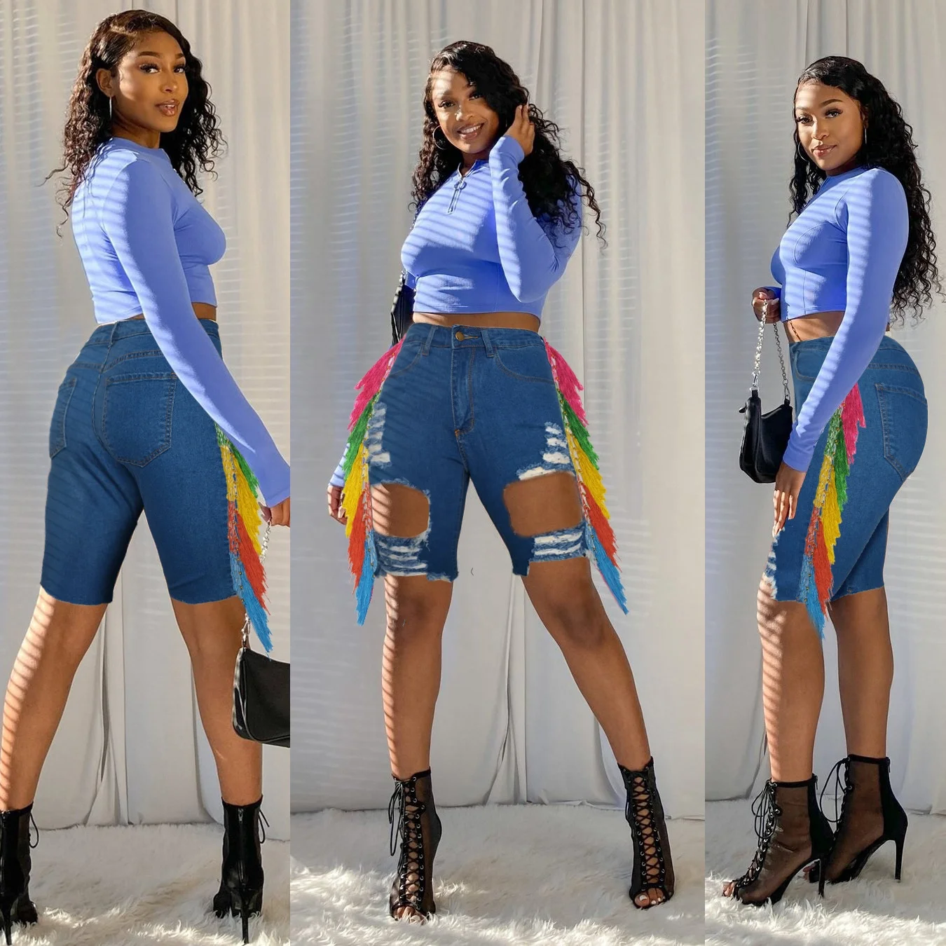 MT173-8847 Wholesale fashion women's high-waist slim-fit color fringed denim five-point pants cowboy girl
MT173-8847 Wholesale fashion women's high-waist slim-fit color fringed denim five-point pants cowboy girl