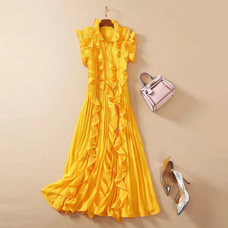 High Quality New 2021 Spring Summer Designer Dress Women Ruffle Flower Deco Mid-Calf Pleated Dress for Party Yellow Red Black
High Quality New 2021 Spring Summer Designer Dress Women Ruffle Flower Deco Mid-Calf Pleated Dress for Party Yellow Red Black