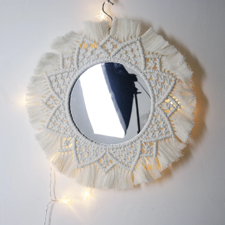 Round macrame wall hanging with feather handmade wall art with mirror mini mirror home decor, White
Round macrame wall hanging with feather handmade wall art with mirror mini mirror home decor, White