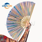 2019 new products pvc holographic iridescent reflective folding bamboo pvc hand fan