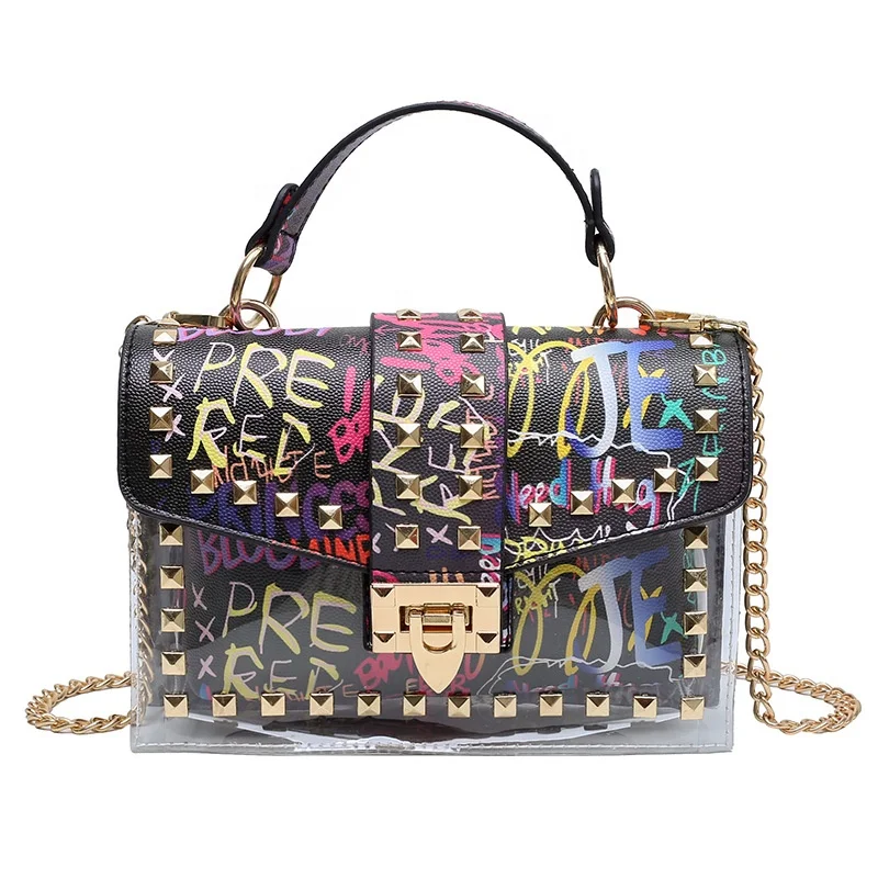 Wholesale snake pattern ladies rivet shoulder bag graffiti jelly bag transparent PVC bag handbag chain wallet, Customizable
Wholesale snake pattern ladies rivet shoulder bag graffiti jelly bag transparent PVC bag handbag chain wallet, Customizable