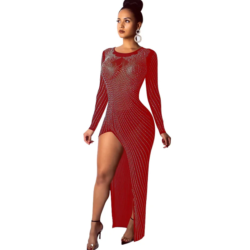 European American Foreign trade mesh perspective long sleeve ironing drill slit sexy party dress
European American Foreign trade mesh perspective long sleeve ironing drill slit sexy party dress