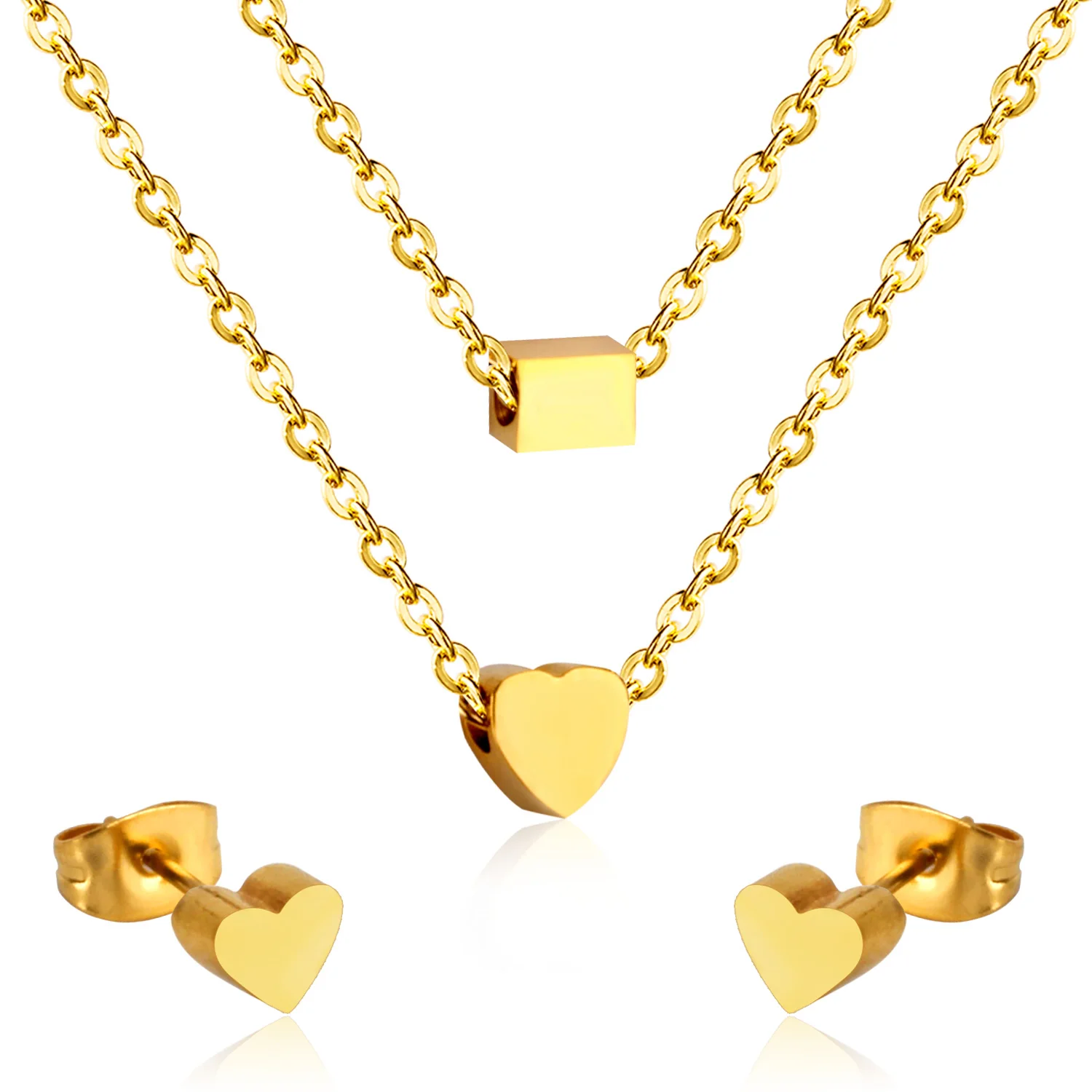 Fashion Double Chain Heart and Square stainless steel jewelry sets design, Gold/silver optional
Fashion Double Chain Heart and Square stainless steel jewelry sets design, Gold/silver optional