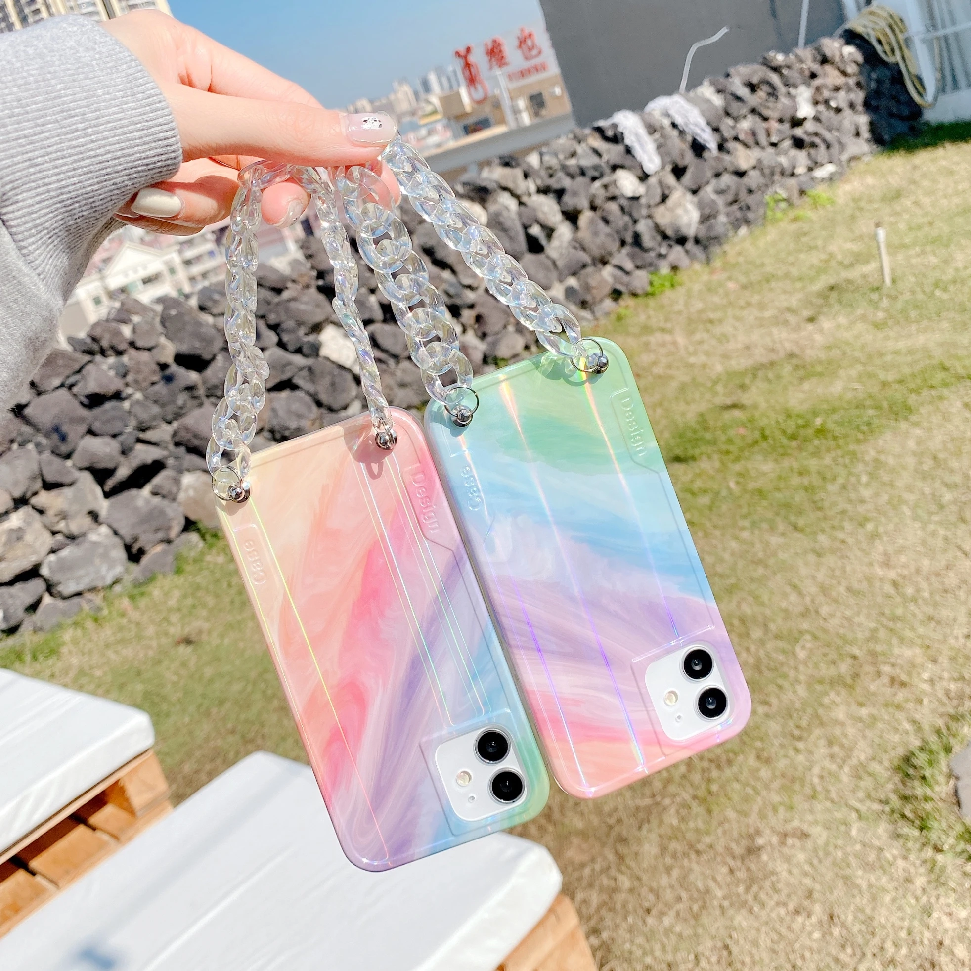 Luxury Gradient Ramp Colour Polar Light Rainbow Designer IMD Phone Case with Chain Bracelet for iPhone 11 12 Pro Max Mini, Multiple
Luxury Gradient Ramp Colour Polar Light Rainbow Designer IMD Phone Case with Chain Bracelet for iPhone 11 12 Pro Max Mini, Multiple
