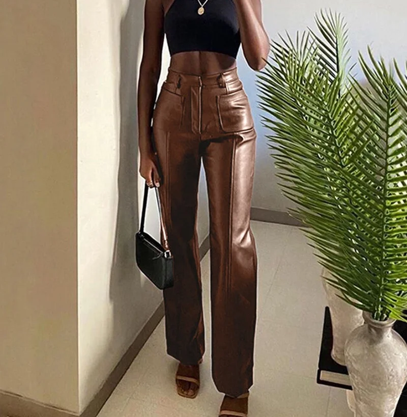 Womens Casual Full Length Fashion High Waist Wide Leg Shiny Leather Trousers Pants, Black,brown
Womens Casual Full Length Fashion High Waist Wide Leg Shiny Leather Trousers Pants, Black,brown
