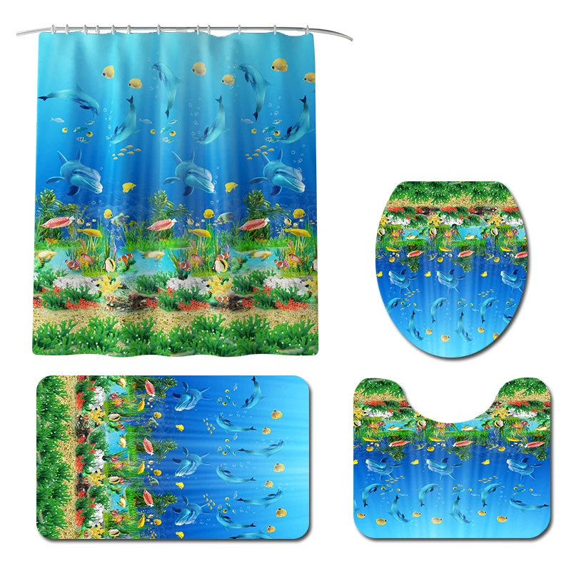 Starfish printed Toilet Pad Cover Bath Mat Shower Curtain Set for Bathroom Decoration Home Textile