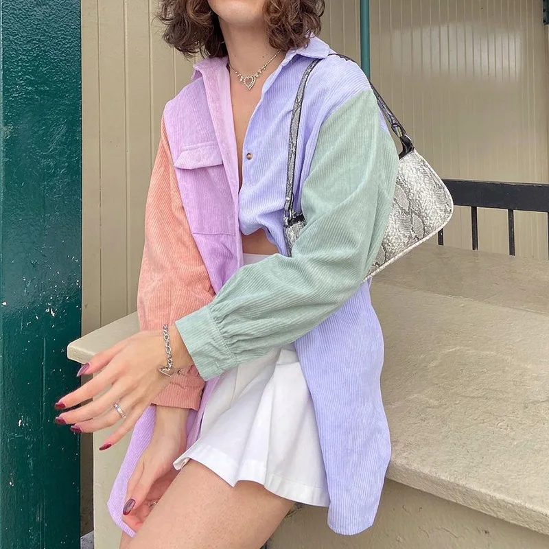 KHG9023 2020 winter new women's casual contrast color stitching lapel loose corduroy shirt women
KHG9023 2020 winter new women's casual contrast color stitching lapel loose corduroy shirt women