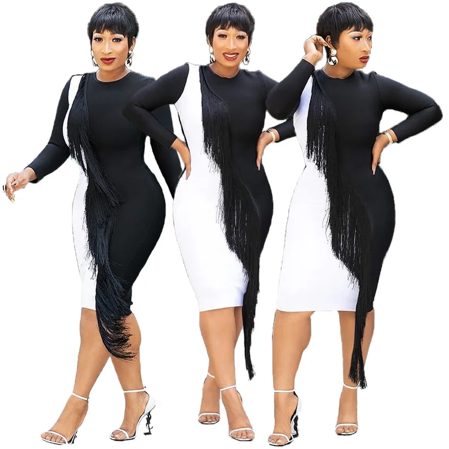Long Sleeve Color Stitching Midi Dress Tassel Fashion Office Formal Bodycon Party Wear T Shirt Dress for Women Ladies RS00133
Long Sleeve Color Stitching Midi Dress Tassel Fashion Office Formal Bodycon Party Wear T Shirt Dress for Women Ladies RS00133